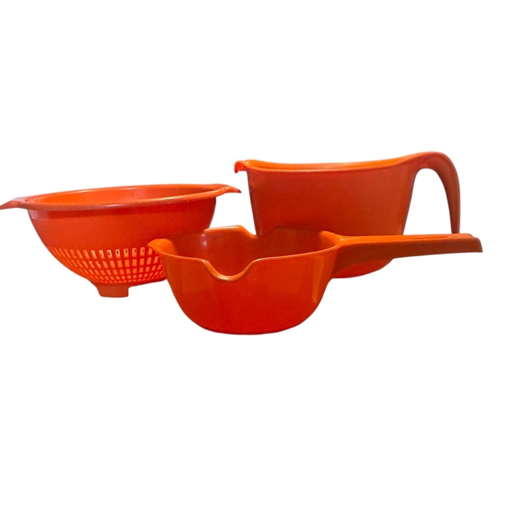 VTG 70s Orange Rubbermaid Villaware colander mixing bowl set 3‎ PC MCM 2661 2930